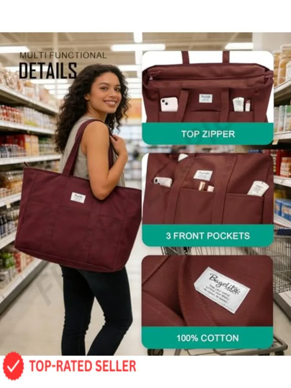 Extra Large Canvas Tote with Zipper Utility Work Bag 16oz Cotton